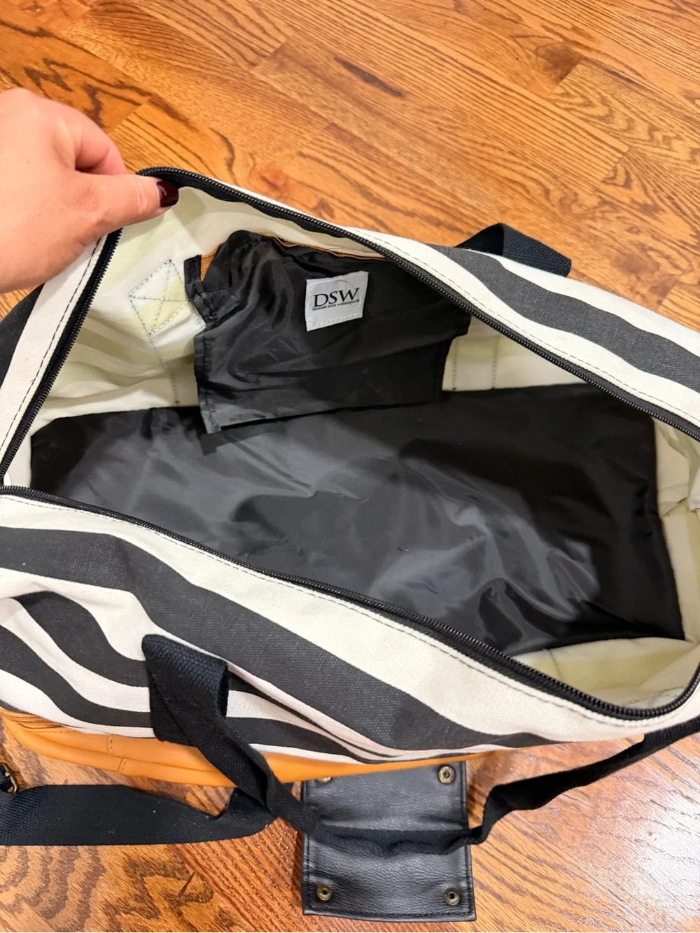 Striped Canvas Duffel Bag with Tan Leather Base